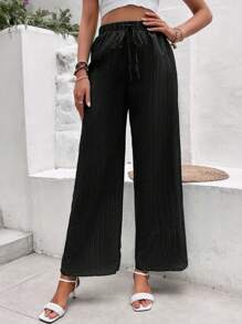 Breezaya Solid Knot Front Wide Leg Pants - Black - View 6