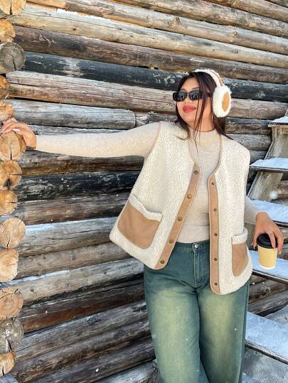 SHEIN EZwear Plus Size Colorblock Furry Lapel Buttoned Front Pockets Sleeveless Jacket, Autumn/Winter Fall