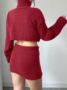 Chiquease 女士高领纯色长袖短款针织毛衣和针织中裙两件套，休闲秋冬新年服装 - 紅色 - 查看 2