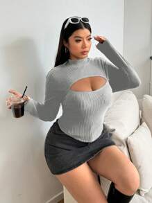 SHEIN EZwear Áo thun nữ tay dài cổ đứng cỡ lớn, thiết kế đơn giản, mùa thu - Xám - Xem 6