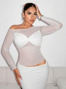 Zolique Camiseta sexy para mujer con manga larga, hombro oblicuo, malla y retorcido transparente