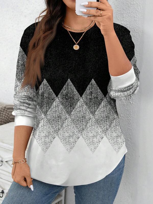 SHEIN LUNE Casual Simple All-Over Print Loose Fit Crew Neck Sweatshirt, Plus Size