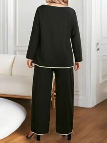 EMERY ROSE Plus Size Autumn Casual 3D Floral Decor Color Block Trim Long Sleeve Pants 2Pcs Set - Black - View 2