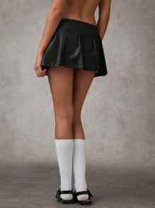 SHEIN BAE Thời trang nữ Váy ngắn xếp ly cạp thấp Váy dạ hội Váy nữ Váy da cho nữ Trang phục sinh nhật cho nữ Váy đỏ cho nữ Váy đỏ tía/Váy ngắn xếp ly/Váy da xếp ly/Váy trượt patin - màu đen - Xem 3