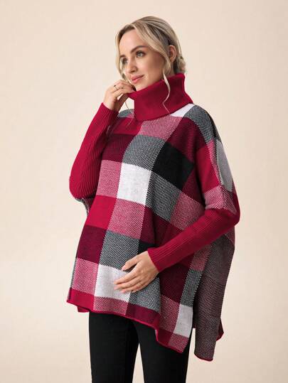SHEIN Maternity Sweater, Plaid High Neck Long Sleeve Knitted Sweater For Pregnant Women, Autumn/Winter