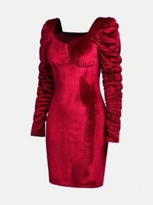 Christmas Elegant Luxurious Party Square Neck Lantern Sleeve Red Velvet Mini Dress, Suitable For Teenage Girls Christmas Party - Burgundy - View 3