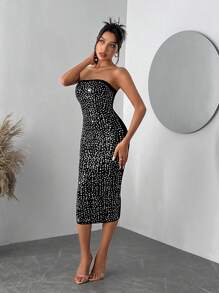 SHEIN SXY Casual Solid Knit Mesh Rhinestone Decor Slim Fitted Midi Dress For Women - Black - View 4
