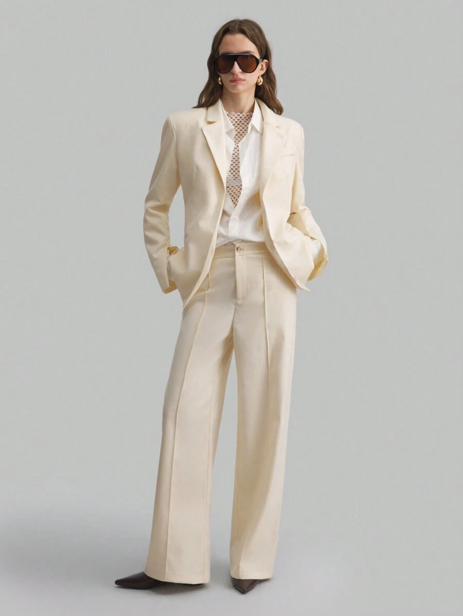 Ontre 2025 年情人节新款春季套装女士两件套西装，含 4% 羊毛混纺，象牙白修身西装外套，灰褐色可调节腰部裤子，商务通勤都市女士西装套装