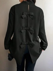 Elenzga Große Größen Frauen Einfarbig Langarm Lose Hemd Mit Schleife Dekor Auf Der Rückseite, Herbst - Schwarz - Übersicht 6