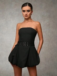 SHEIN BAE Vrouwen Khaki Effen Modieuze Ballon, Hoge Taille Met Metalen Decor, Bustier Mini Jurk/Nashville Outfits