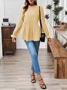 SHEIN LUNE Neckline Ruffle Hem Gingham Long Sleeve Casual Blouse With Frilled Edges On The Sleeves And Collar