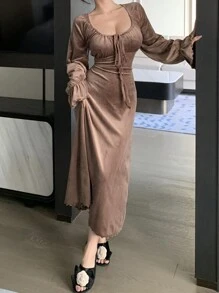 DAZY Ruched Tie Neck Fit Lounge Dress, Fall Pajama, Winter