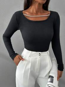 RueChic Pearl Detailed Black Long Sleeve Top - Black - View 6