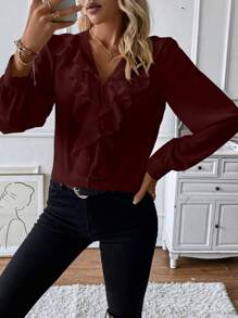 SHEIN Unity 女士纯色荷叶边下摆长袖优雅衬衫，秋季女式衬衫 - 紫紅色 - 查看 1