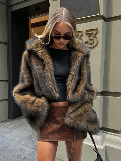 Abrigo de invierno de mujer con cuello de piel sintética, abierto por delante, de peluche, moda exterior