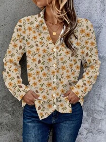 EMERY ROSE Casual Minimalist Floral Pattern Loose Cardigan Shirt For Women, Suitable For Autumn & Winter