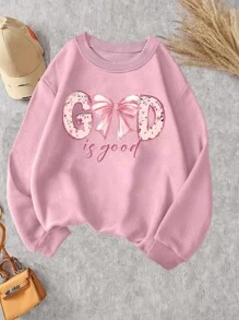 Sparklyn 少女字母蝴蝶结印花休闲圆领运动衫，秋冬，度假，夏季，旅行 - 粉色 - 查看 3