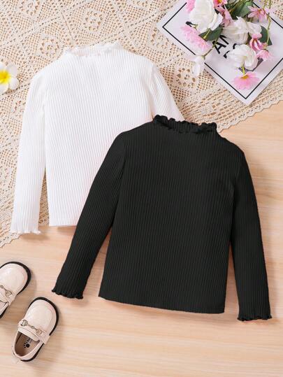 Young Girl Cheapest Buy 1 Get 1 Free 2 Pieces/Set Casual Basic All-Match Wave Trim Stand Collar Long Sleeve Solid Color Top 2pcs/Set,Autumn And Winter,Great For Casual & Daily Wear & School Daily,College Style, Back-To-School,Party