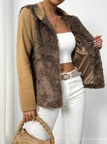 Chiquease Women Casual Regular Plush Contrast Color Patchwork Long Sleeve Jacket, Autumn/Winter - Coffee Brown - View 5