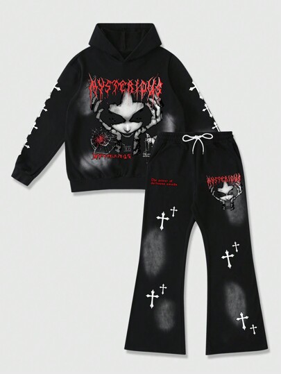Goth 2pcs Men Letter & Figure Print Hoodie Sweatshirt And Drawstring Sweatpants Tracksuit