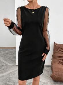 SHEIN Unity Vestido elegante y sencillo de manga larga con cuello redondo y contraste de malla de unicolor para mujer - Negro - Ver 4