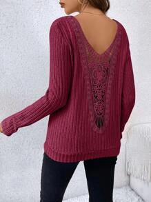 SHEIN Frenchy Women Solid Color Lace Splice Ribbed Long Sleeve Casual T-Shirt, Autumn - Burgundy - View 4