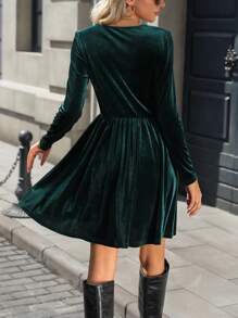 SHEIN Clasi V-Neck Ruched A-Line Rhinestone Button Decorated Elegant Retro Party Velvet Dress, Versatile Fall Cloth For Women - Dark Green - View 2