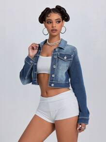 Jeanoix Chaqueta vaquera casual de mujer de manga larga con botones delanteros y bolsillos - Azul - Ver 3