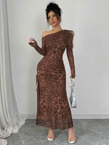 Rafferiza 女士优雅扎染雪纺褶饰豹纹印花开衩不对称领口长袖连衣裙长款女装