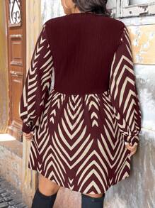 Celure 1 件圆领长袖羊毛纯色印花拼布大码休闲连衣裙