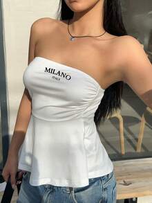 Muchica 女士休闲米兰印花褶皱白色娃娃装紧身胸衣上衣 - 白色 - 查看 4