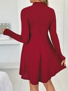 SHEIN Plain High Collar Ruffled Hem Maternity Long Sleeve Dress, Day Out Outfit - Burgundy - View 3