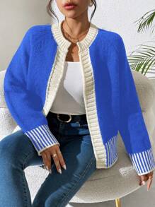 Chiquease Fashionable French Classic Black And White Striped Knitted Cardigan - Royal Blue - View 6