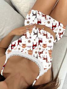 SHEIN EZwear 圣诞格子驯鹿蕾丝吊带背心和褶皱短裤两件套女士适合夏季 - 彩色 - 查看 4