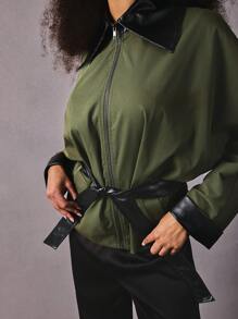 Athîral Kvinnors höstfärgblock krage långärmad dragkedja fram Casual trenchcoat - Armé Grön - Visa 6
