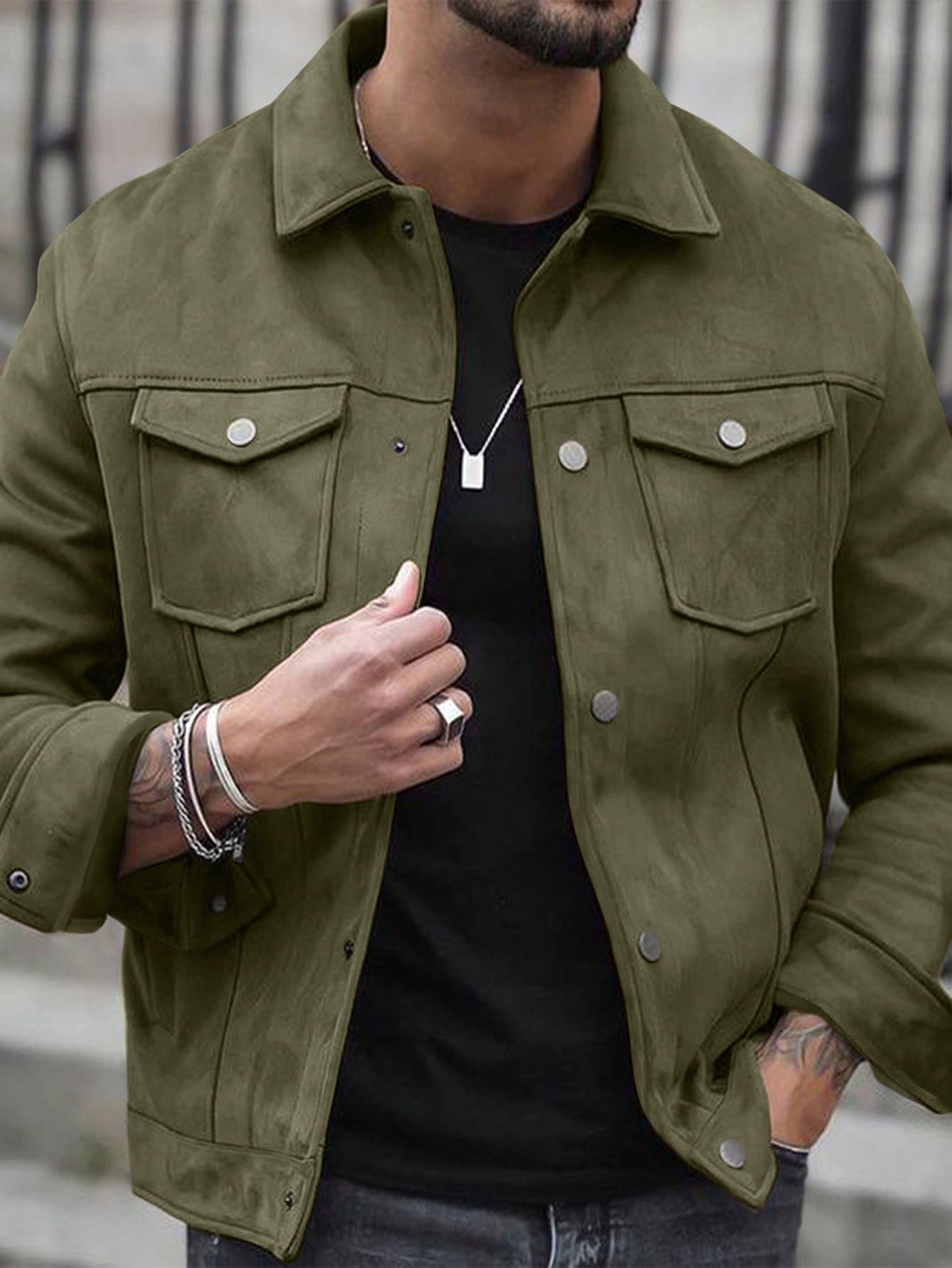 Manfinity Dauomo Plus Size Men's Solid Color Long Sleeve Cargo Pocket Casual Jacket For Autumn