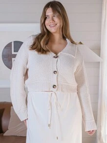 Aralina Curve Soft Knit Collared Button Down Sweater Cardigan - Apricot - View 1