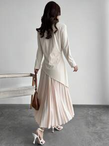 秋季女式优雅简约休闲褶皱不对称下摆衬衫 - 杏色 - 查看 2