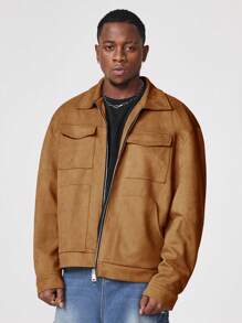 Manfinity NXTstreet Men's Solid Color Long Sleeve Utility Pocket Casual Shacket, Autumn/Winter - Khaki - View 3