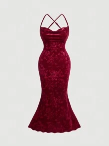 SHEIN MOD Plus Size Red Vintage Velvet Draped Neck Dress, Costume, Mermaid Hem Gown For Women Formal Dress Fall Women Dresses Homecoming Dresses Renaissance Dress Burgundy, Winter,Birthday Dresses For Women - Burgundy - View 2