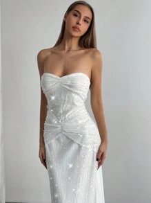 Aloruh 女士亮片装饰交叉胸围性感派对圣诞长裙 - 白色 - 查看 1