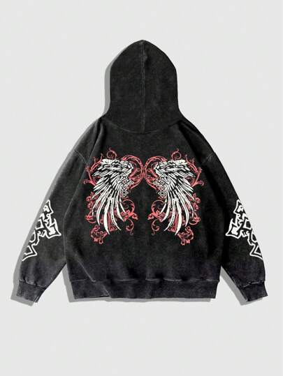 Goth Men's Casual Wing & Cross Graphic Hoodie Sweatshirt For Autumn