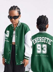 SHEIN Tween Girl Green & White Patchwork Baseball Collar Button Front Letter Print Long Sleeve Jacket - Multicolor - View 1