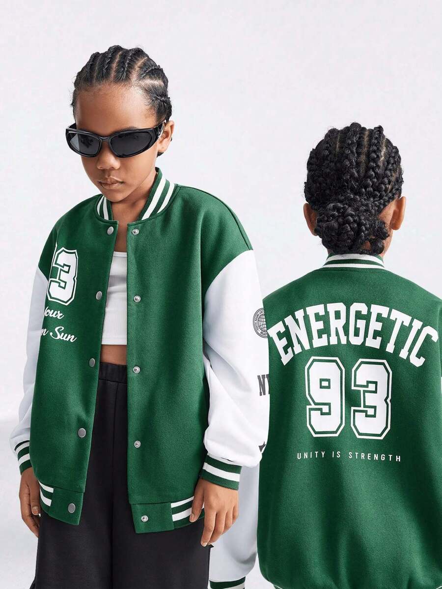 SHEIN Tween Girl Green & White Patchwork Baseball Collar Button Front Letter Print Long Sleeve Jacket - Multicolor - View 1