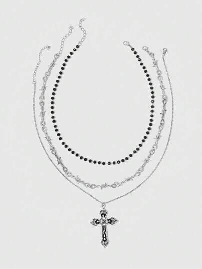 Hippie 2pcs Gothic Dark Faux Pearl Cross Pendant Multilayer Necklace, Festival Gift For Women, Halloween