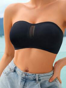 素色網紗拼接抹胸胸罩