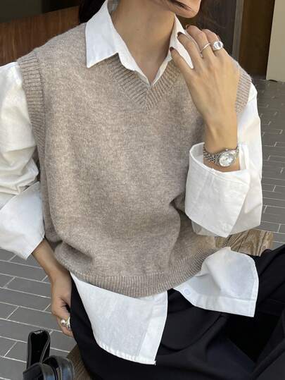 DAZY Women's Solid Color V-Neck Sweater Vest, Spring/Autumn,Back To School Clothes