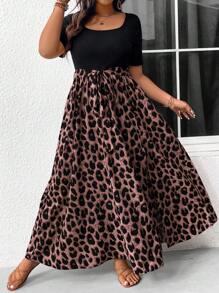 SHEIN Frenchy Plus Size Boho Solid Color Leopard Patchwork Simple Daily Short Sleeve Dress For Women Fall Dress, For Summer - Pink - View 1