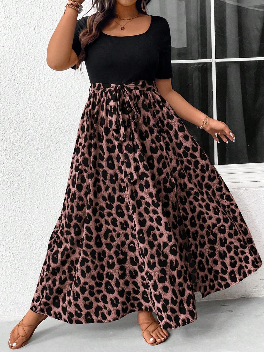SHEIN Frenchy Plus Size Boho Solid Color Leopard Patchwork Simple Daily Short Sleeve Dress For Women Fall Dress, For Summer - Pink - View 1