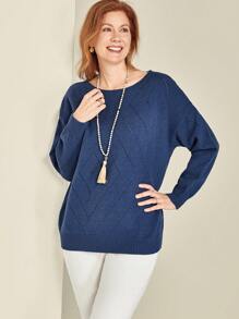 EMERY ROSE Plus Solid Color Crew Neck Casual Versatile Long Sleeve Pullover Sweater Knit Pullover Fall Winter - Navy Blue - View 1